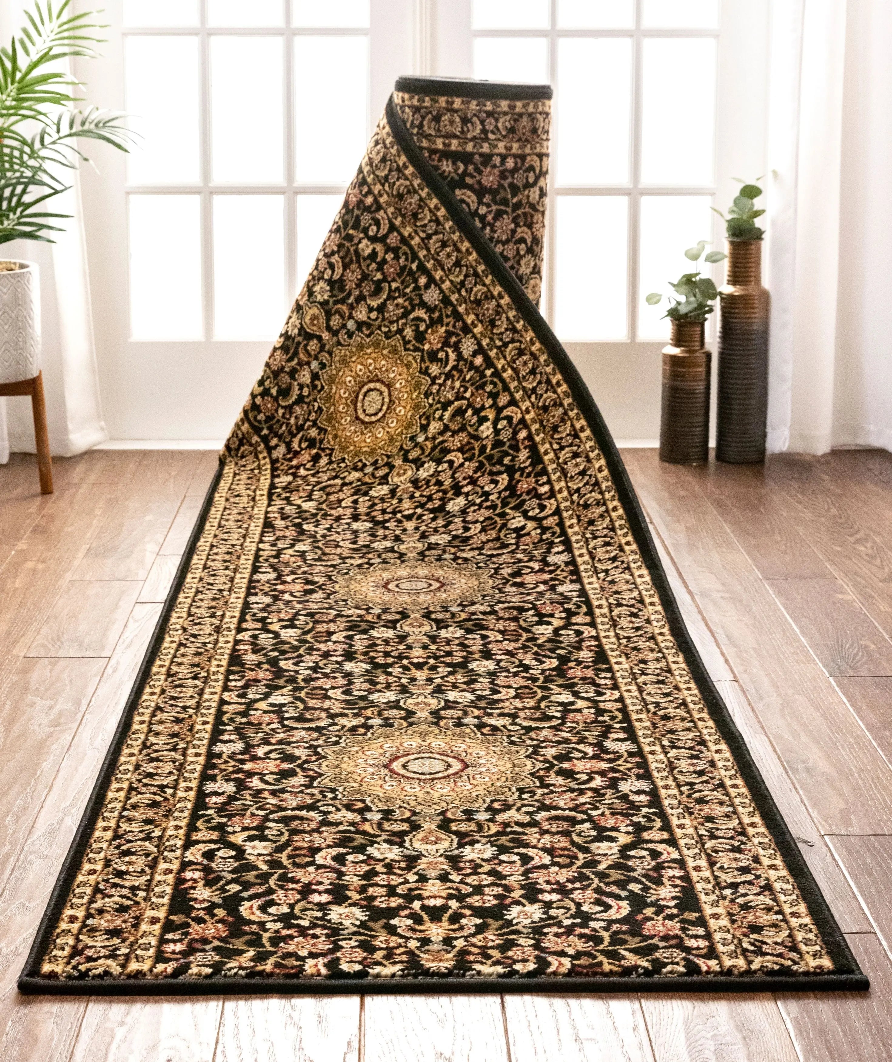 Aviva Custom Size Runner Traditional Black Choose Your Width x Choose Your Length Hallway Runner Rug