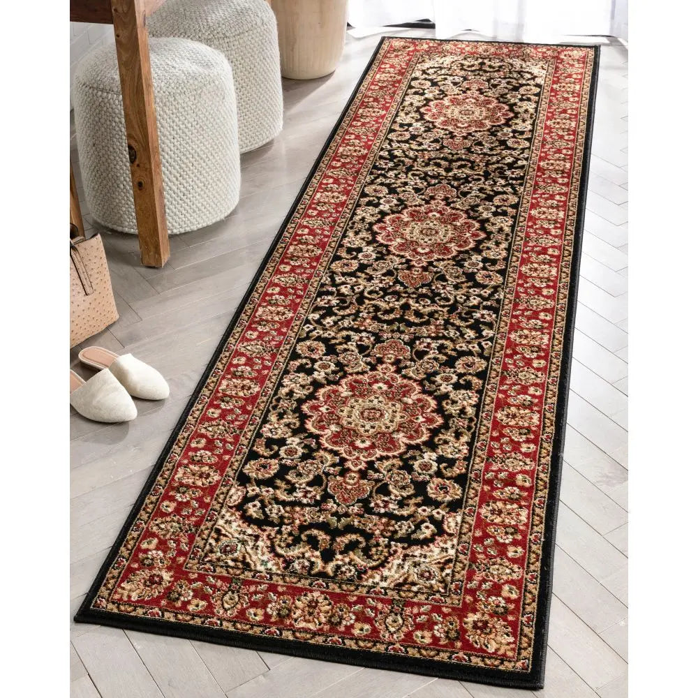 Medallion Kashan Black Traditional Rug Well Woven