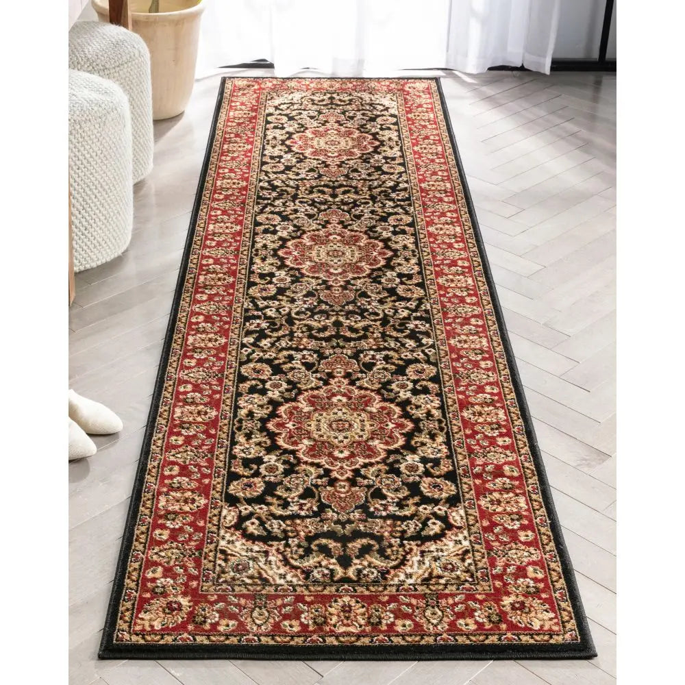 Medallion Kashan Black Traditional Rug Well Woven