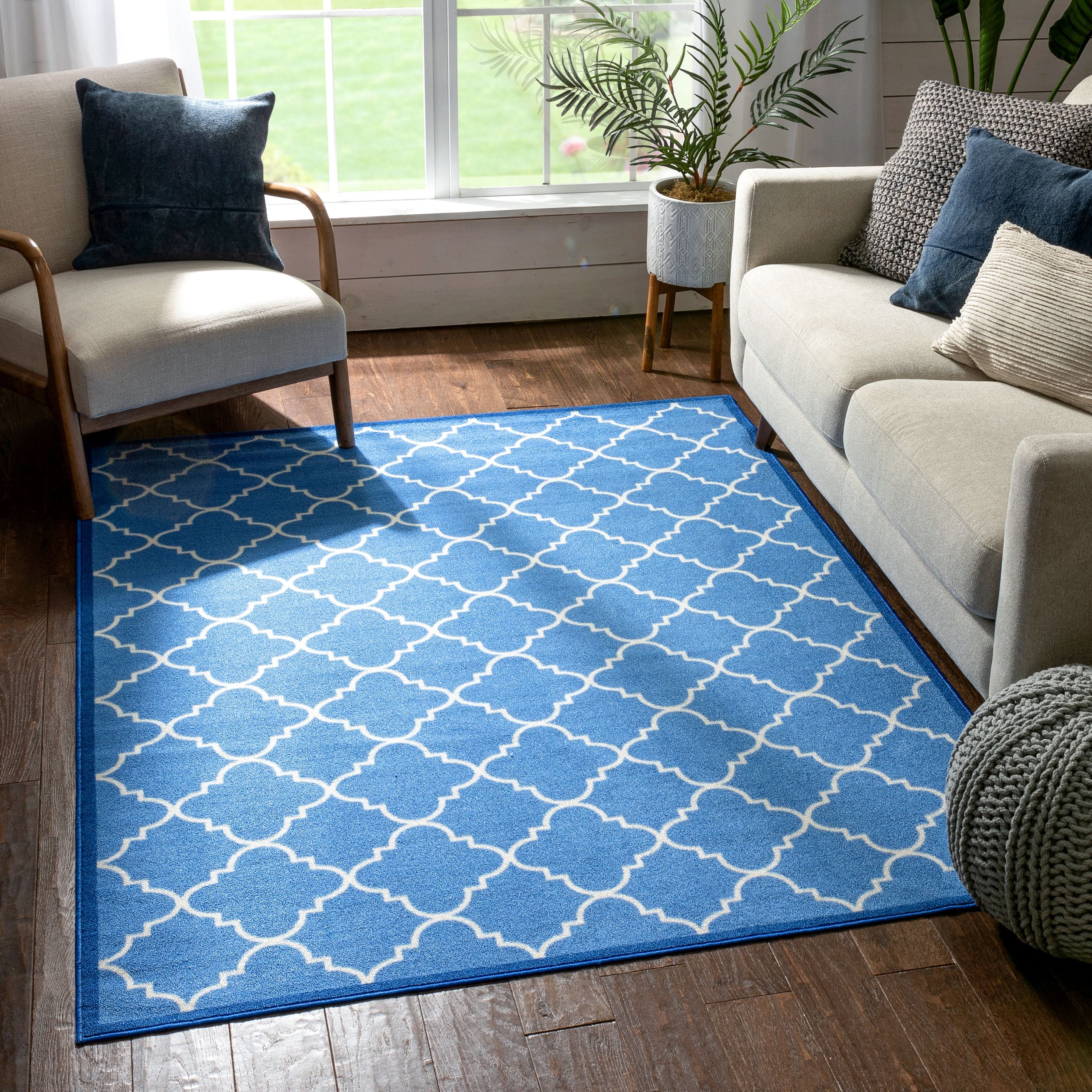 Brooklyn Trellis Blue Modern Non Slip Washable Rug