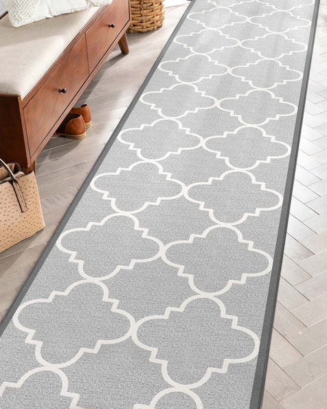 Brooklyn Trellis Grey Custom Size Runner Grey Cotton Backing Choose Your Length Hallway Low Pile Runner Rug