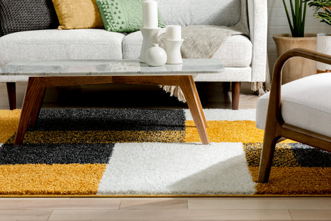 Cubes Geometric Boxes & Squares Gold Grey Thick Shag Rug