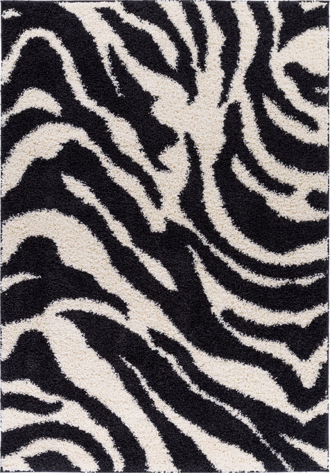 Safari Zebra Black Contemporary Shag Rug