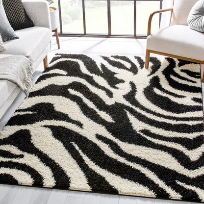 Safari Zebra Black Contemporary Shag Rug