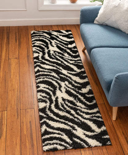 Safari Zebra Black Contemporary Shag Rug