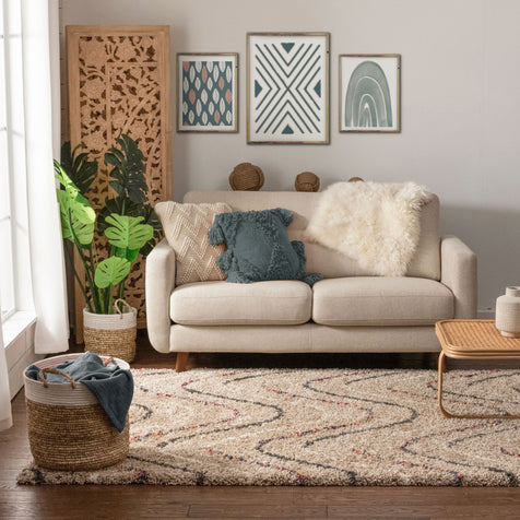 Macie Cream Abstract Wavy Stripes Shag Rug