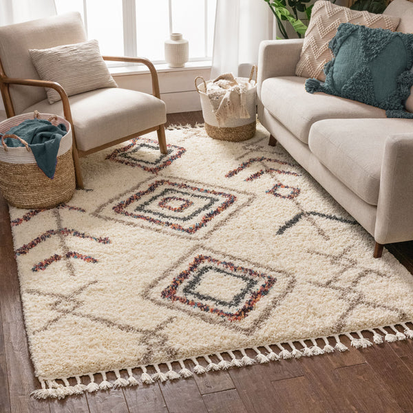 Collette Ivory Tribal Nomadic Diamond Shag Rug By Chill Rugs 3'11" x 5'3"