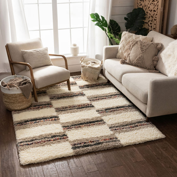Claire Ivory Geometric Blocks Shag Rug