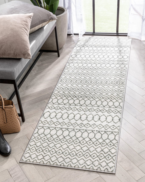 Hira Moroccan Trellis Geometric Ivory High-Low Rug