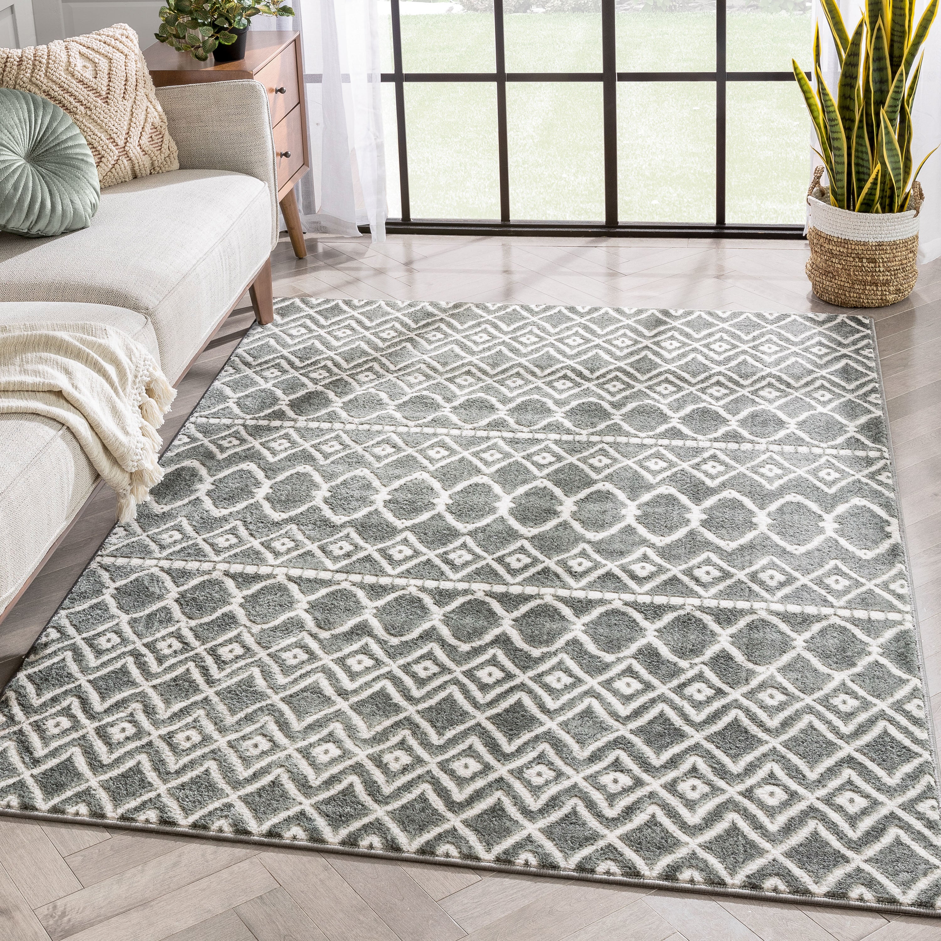 Hira Moroccan Trellis Geometric 2'3" x 7'3" Runner Grey High-Low Rug