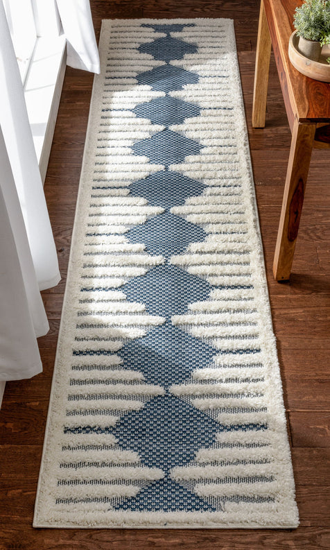 Luna Tribal Moroccan Diamond Pattern Blue High-Low Flat-Weave Rug