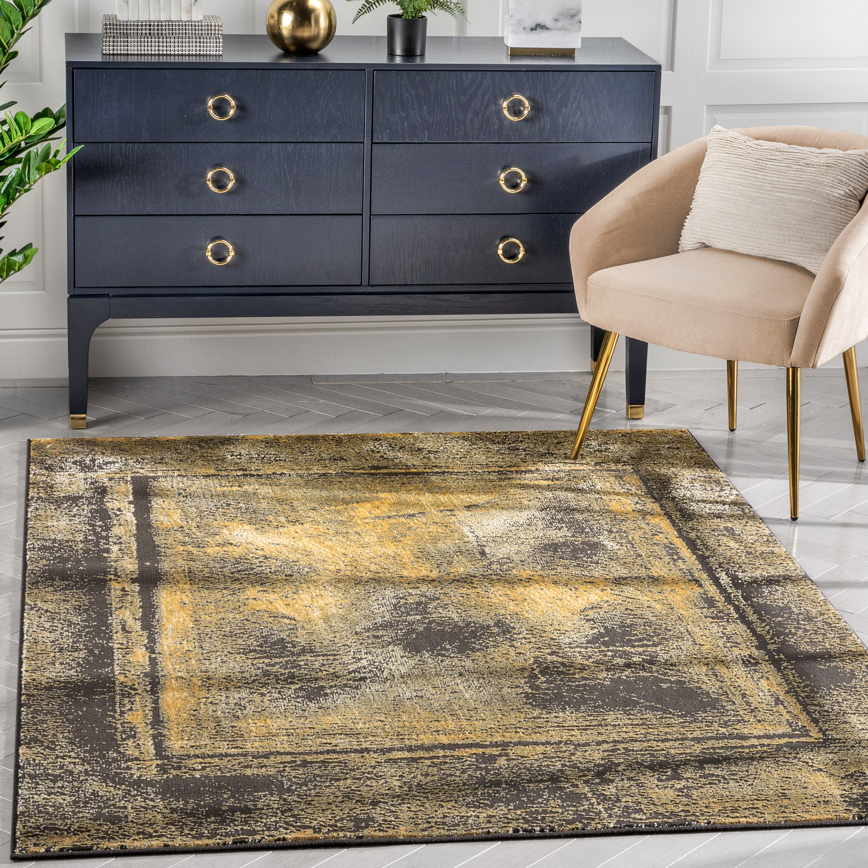 Zaynab Vintage Abstract Border Grey Yellow Glam Rug