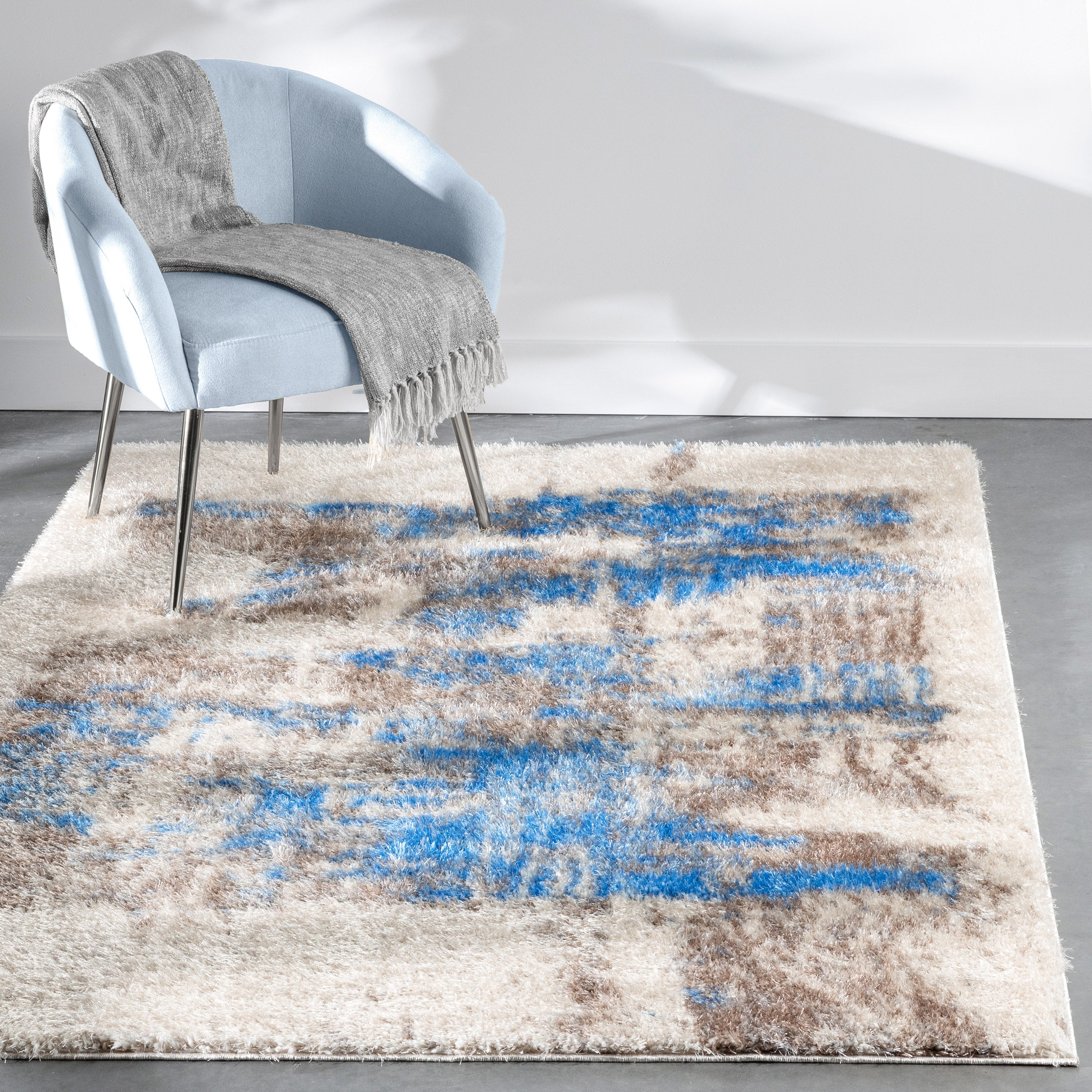 Sariah Modern Abstract Ivory Blue Shag Rug