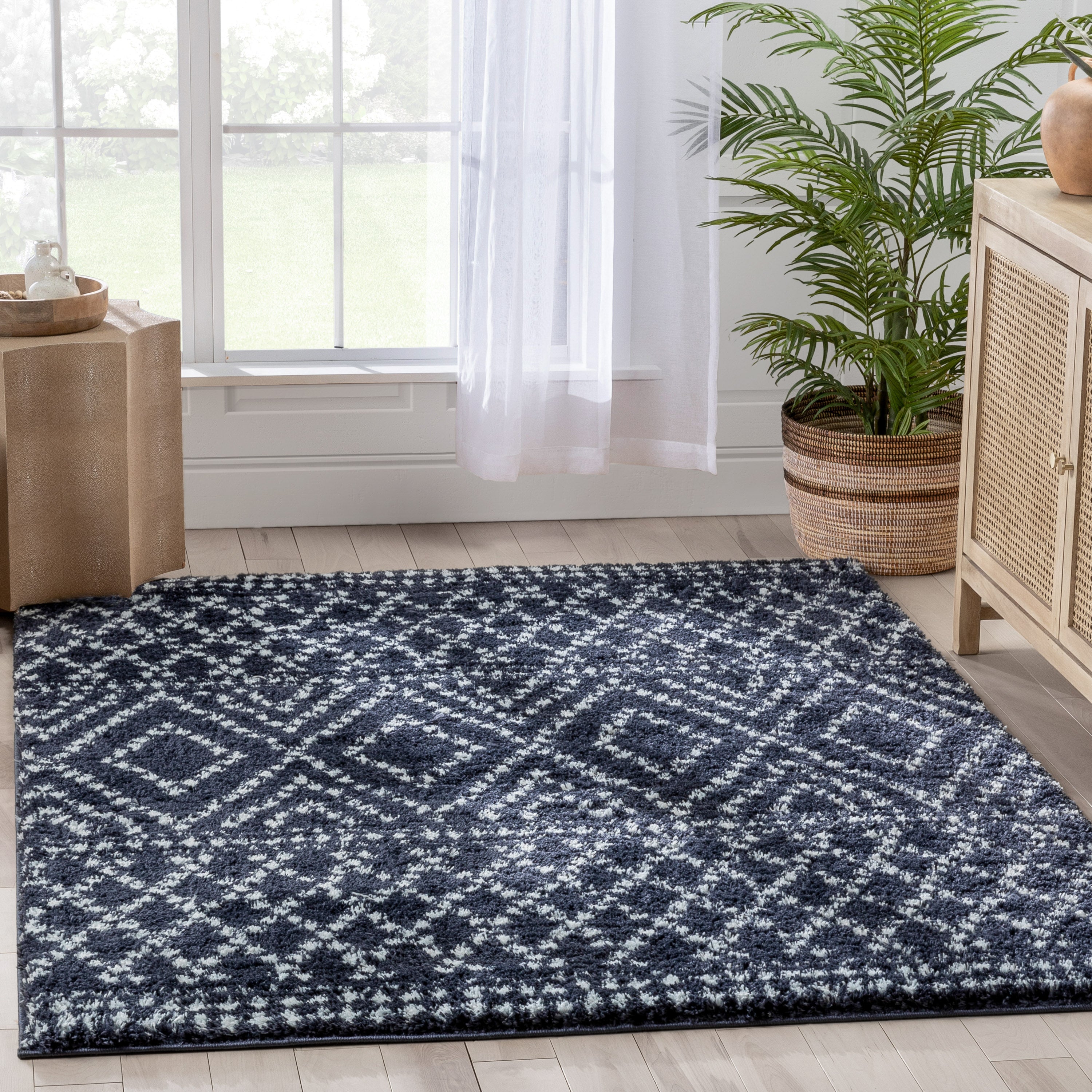 Evora Moroccan Diamond Pattern Blue Thick & Soft Shag Rug