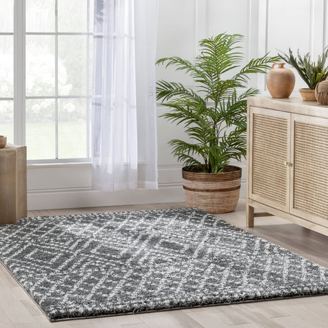 Evora Moroccan Diamond Pattern Grey Thick & Soft Shag Rug