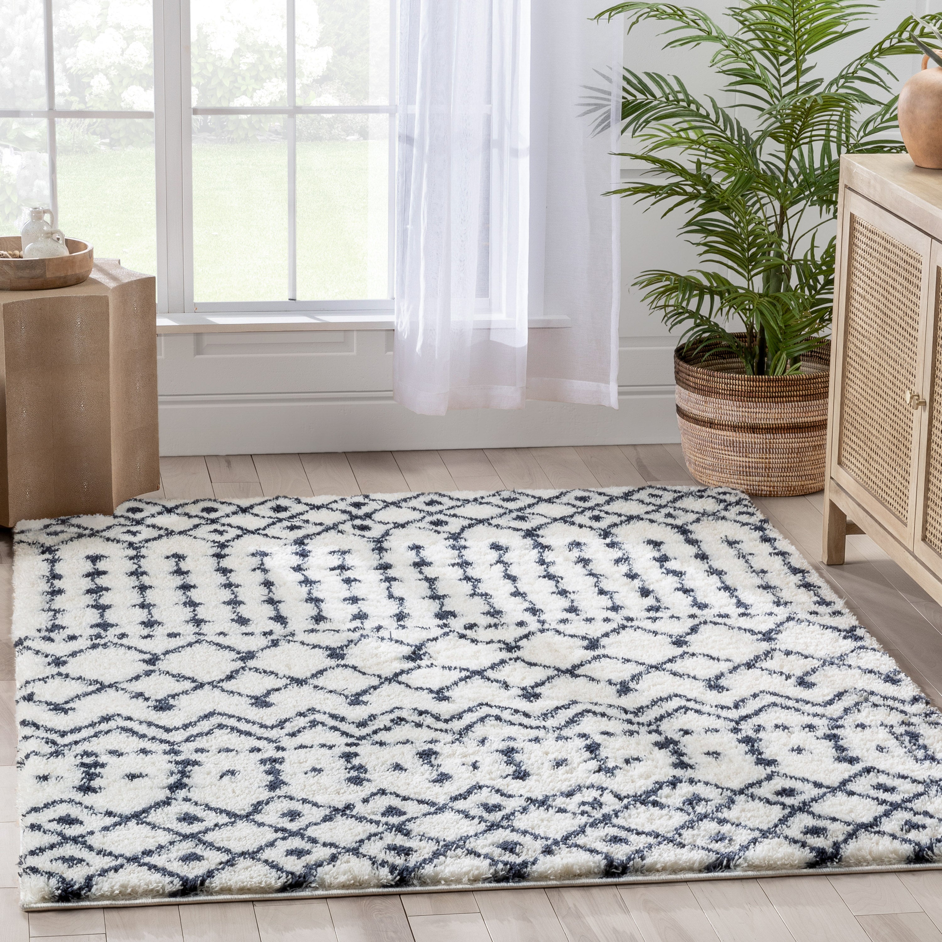 Coimbra Moroccan Diamond Pattern Blue Thick & Soft Shag Rug