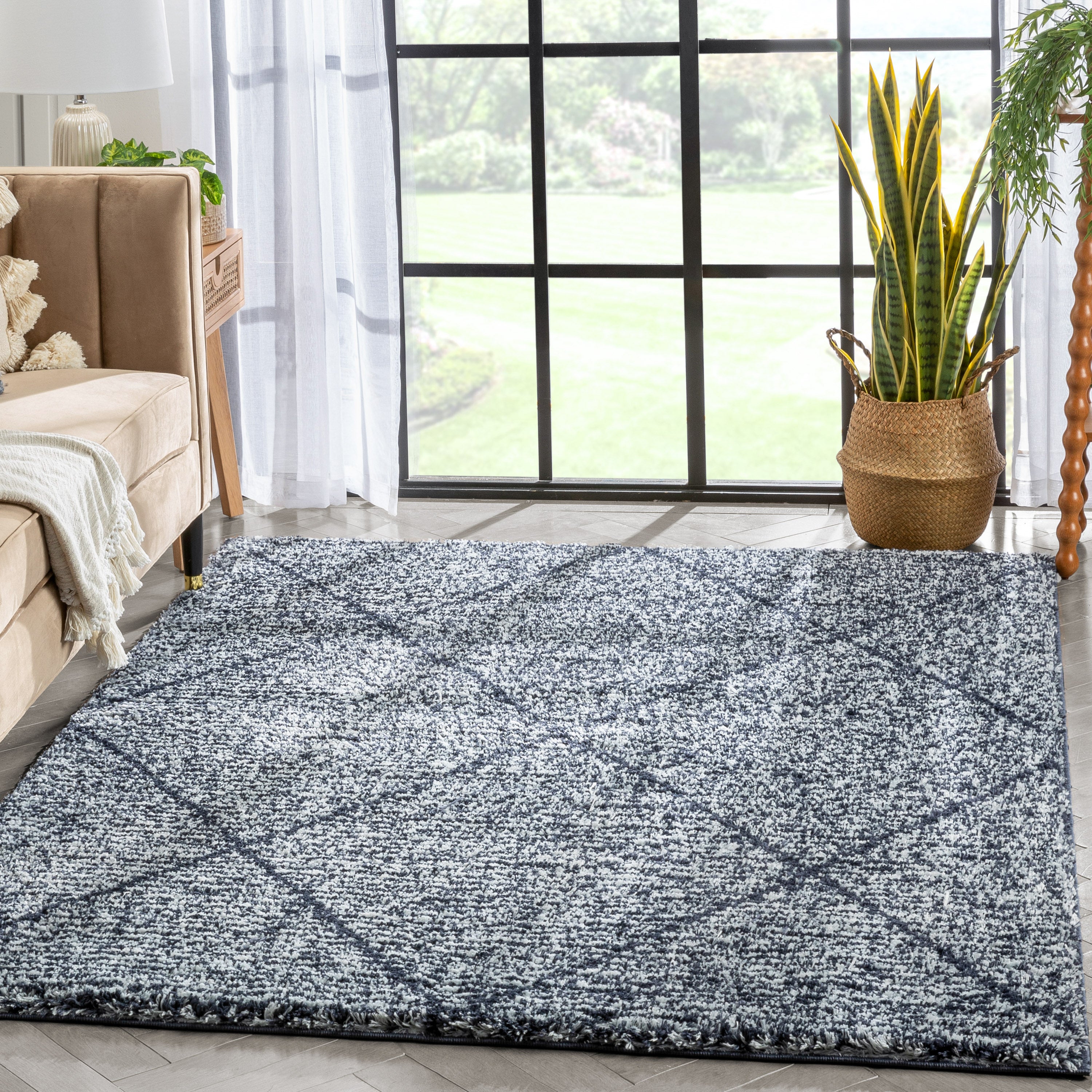 Aviero Moroccan Lattice Trellis Blue Thick & Soft Shag Rug