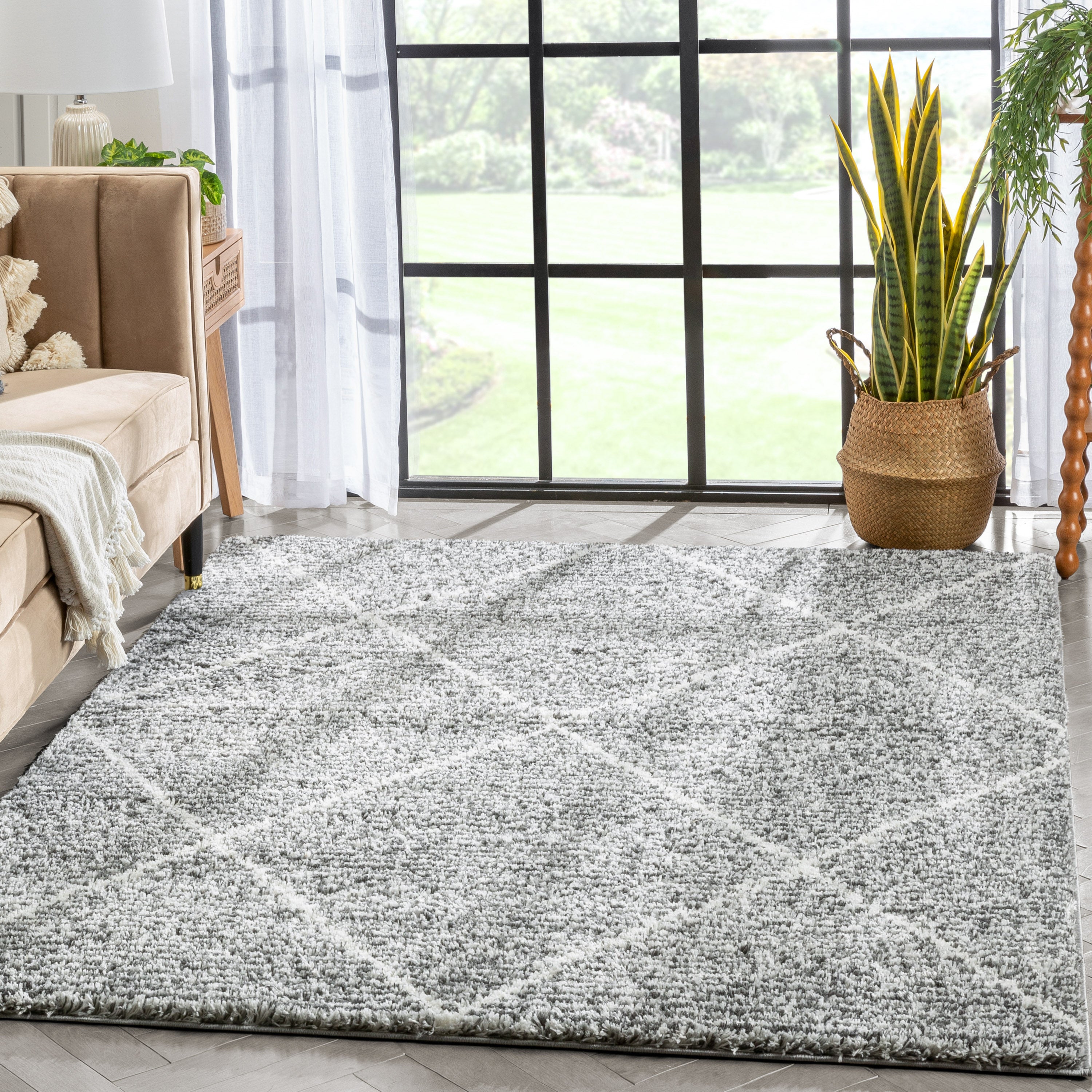 Aviero Moroccan Lattice Trellis Grey Thick & Soft Shag Rug