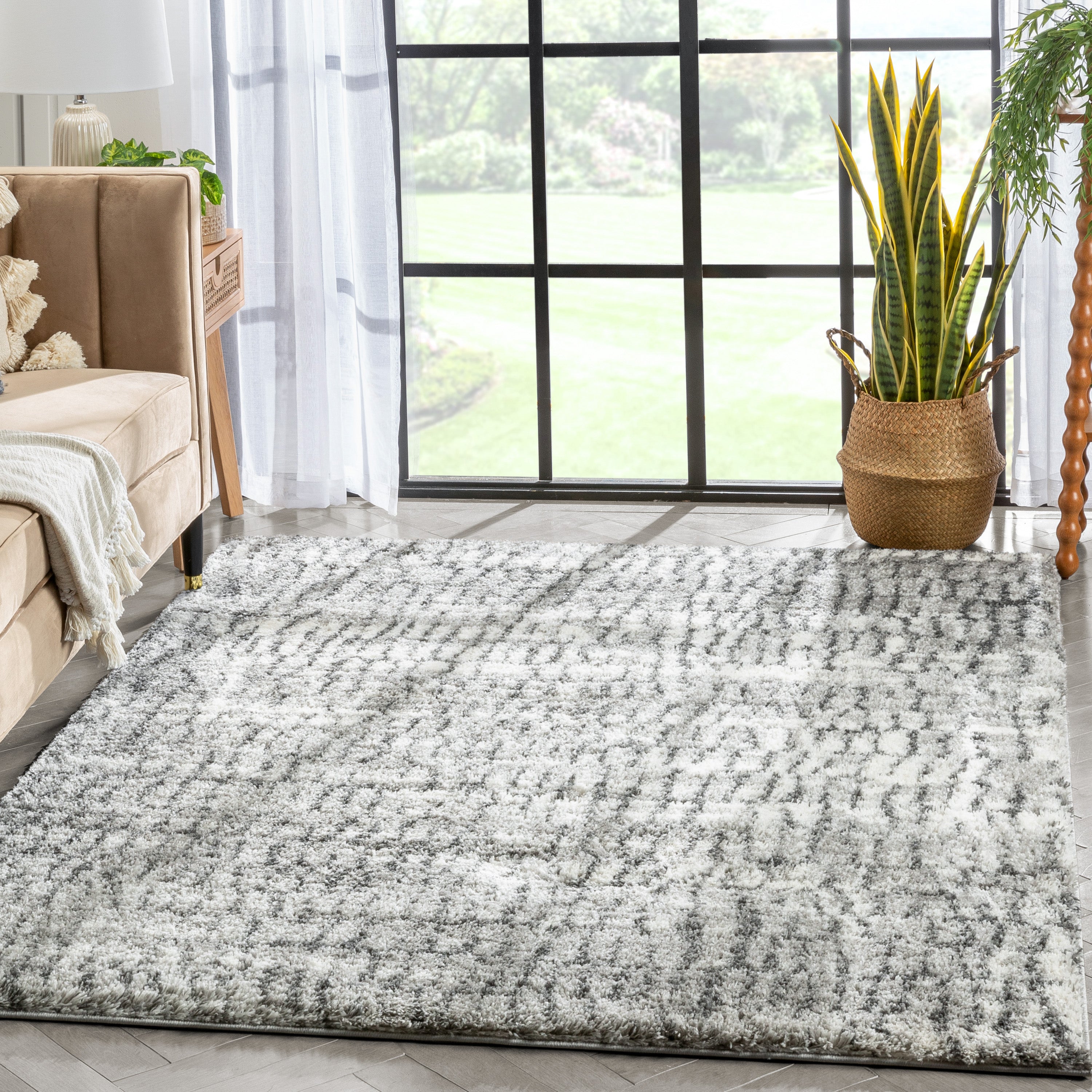 Sintra Mid-Century Modern Geometric Pattern Ivory Thick & Soft Shag Rug