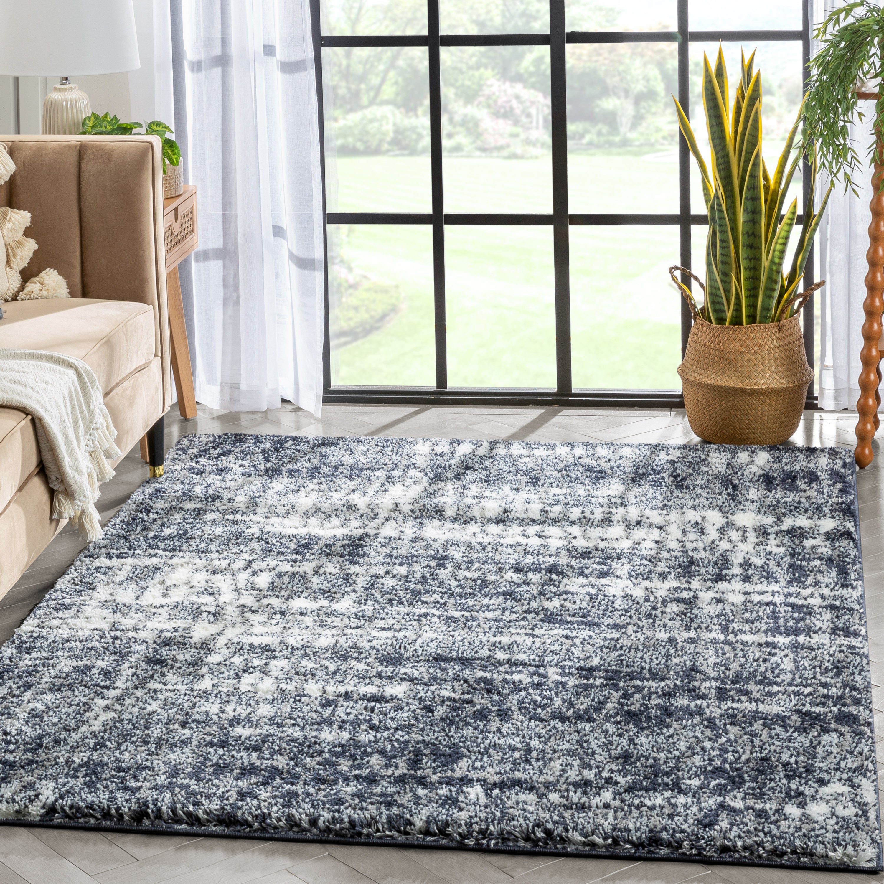 Sintra Mid-Century Modern Geometric Pattern Blue Thick & Soft Shag Rug