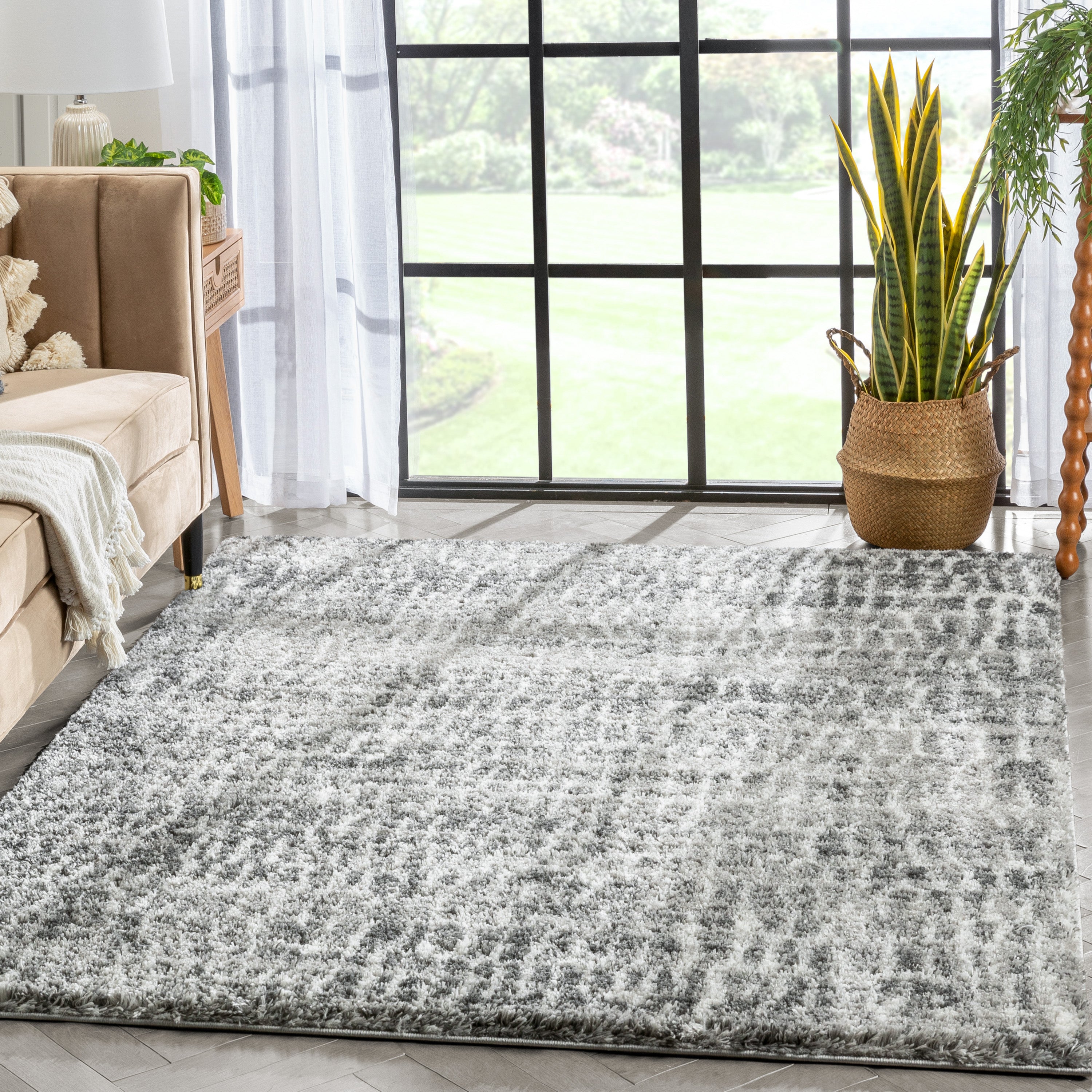 Sintra Mid-Century Modern Geometric Pattern Grey Thick & Soft Shag Rug