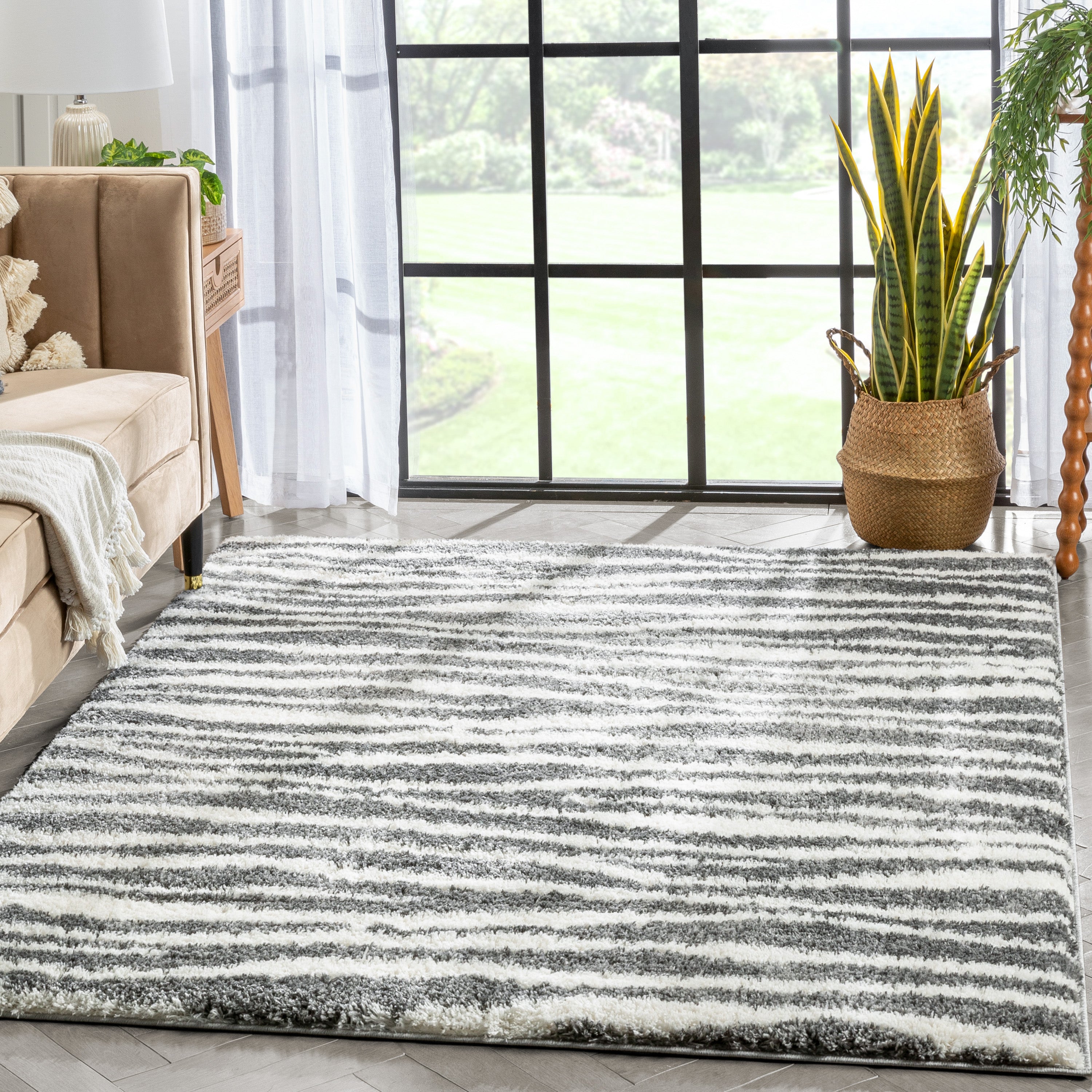 Faro Modern Coastal Waves Pattern Dark Grey Thick & Soft Shag Rug