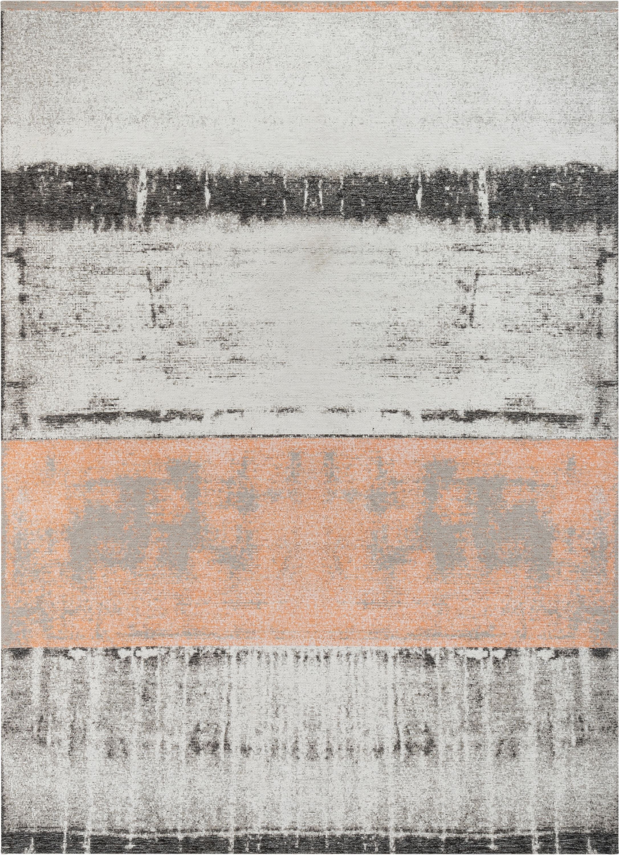 Fanos Modern Distressed Abstract Brush Strokes Salmon Grey Kilim-Style Rug