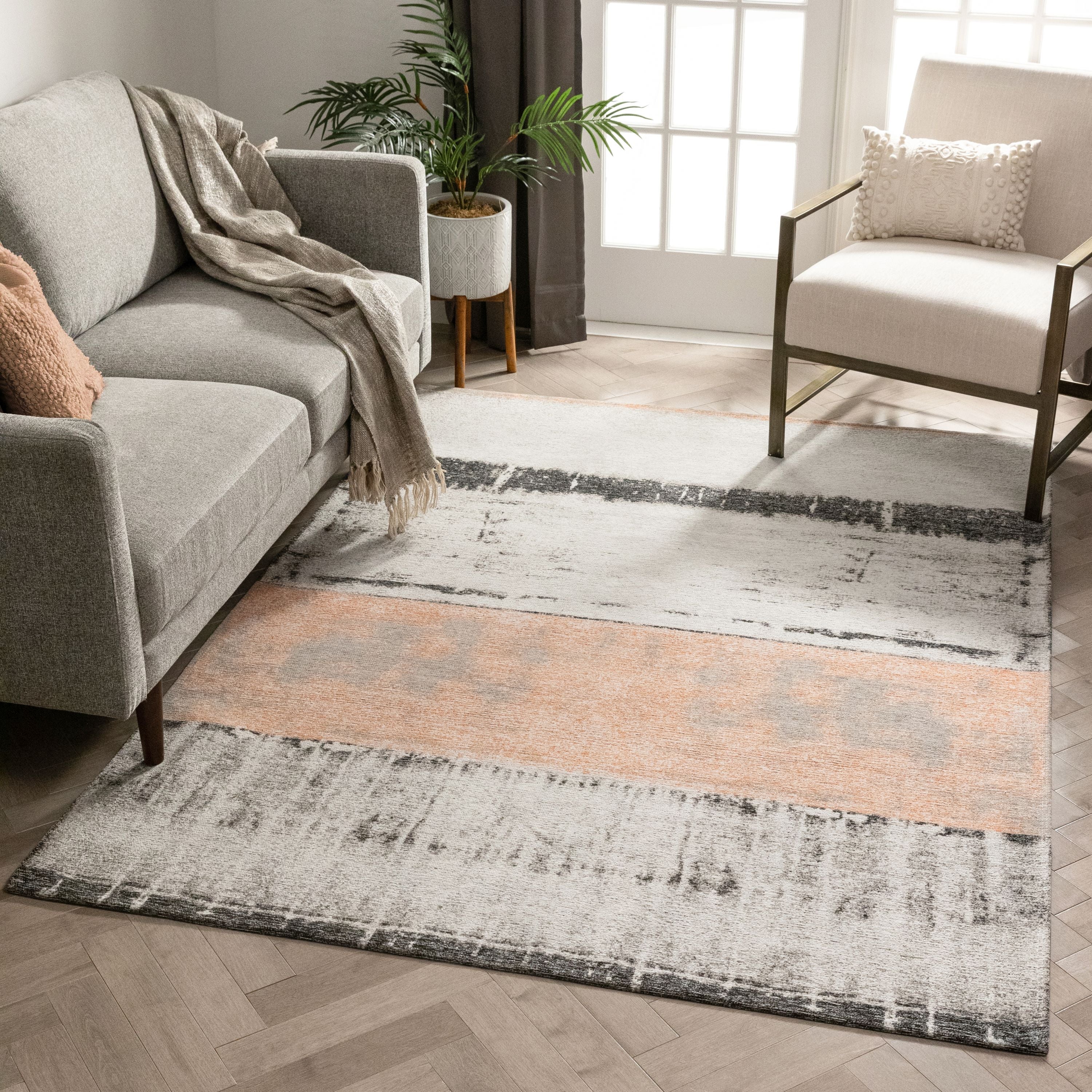 Fanos Modern Distressed Abstract Brush Strokes Salmon Grey Kilim-Style Rug