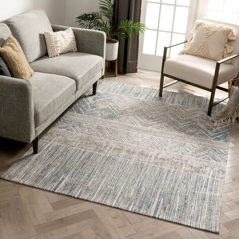 Agma Contemporary Distressed Abstract Waves Grey Beige Kilim-Style 5'3" x 7'3" Rug