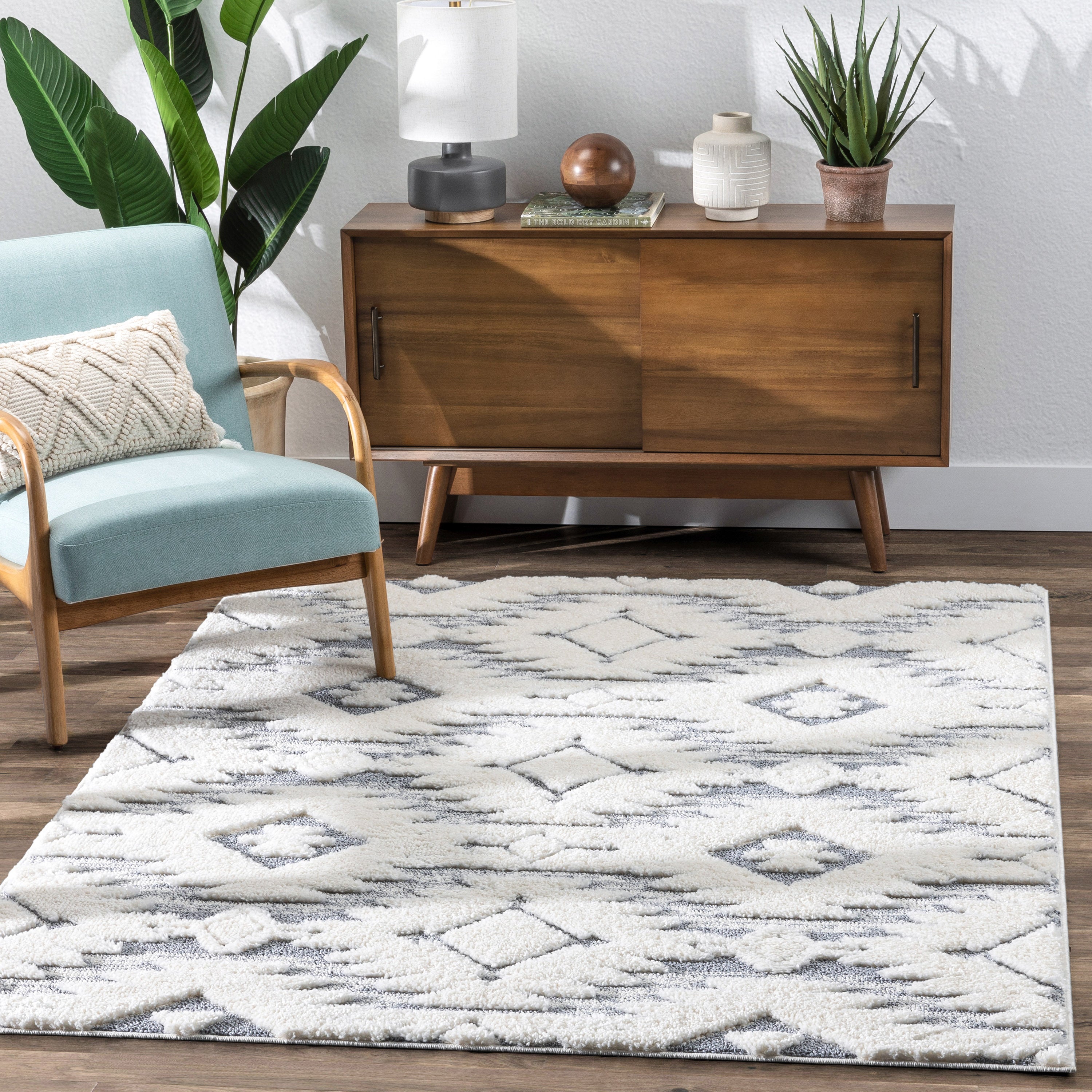 Ares Moroccan Diamond Trellis Grey High-Low Shag Rug