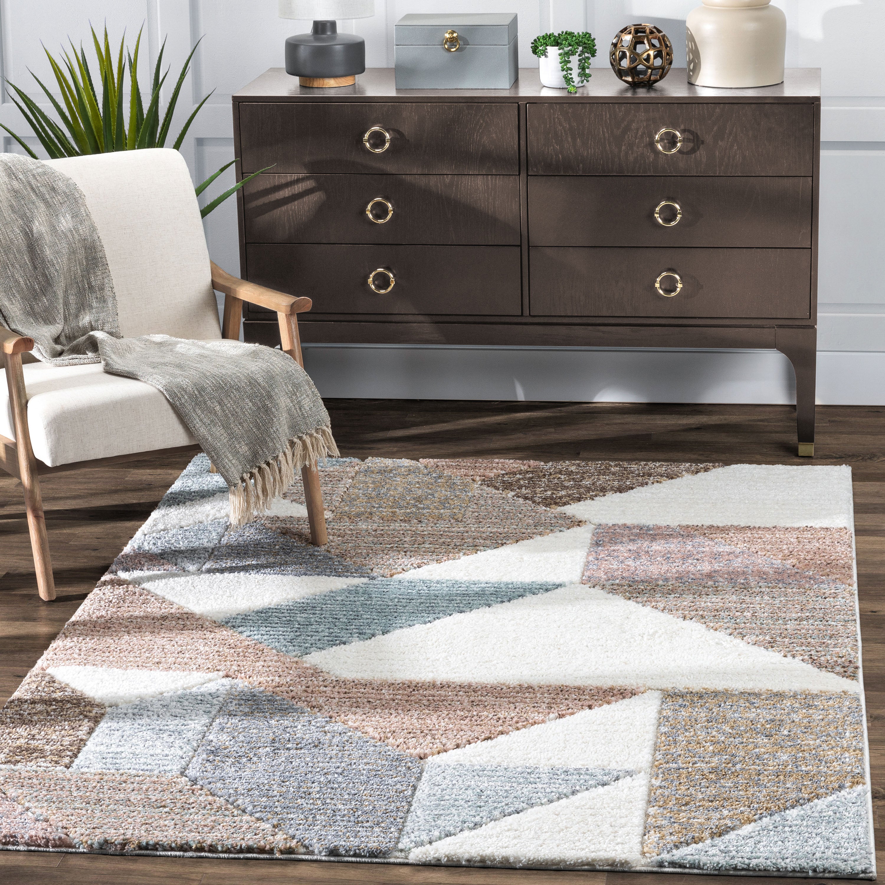 Perseus Modern Geometric Ivory High-Low Shag Rug