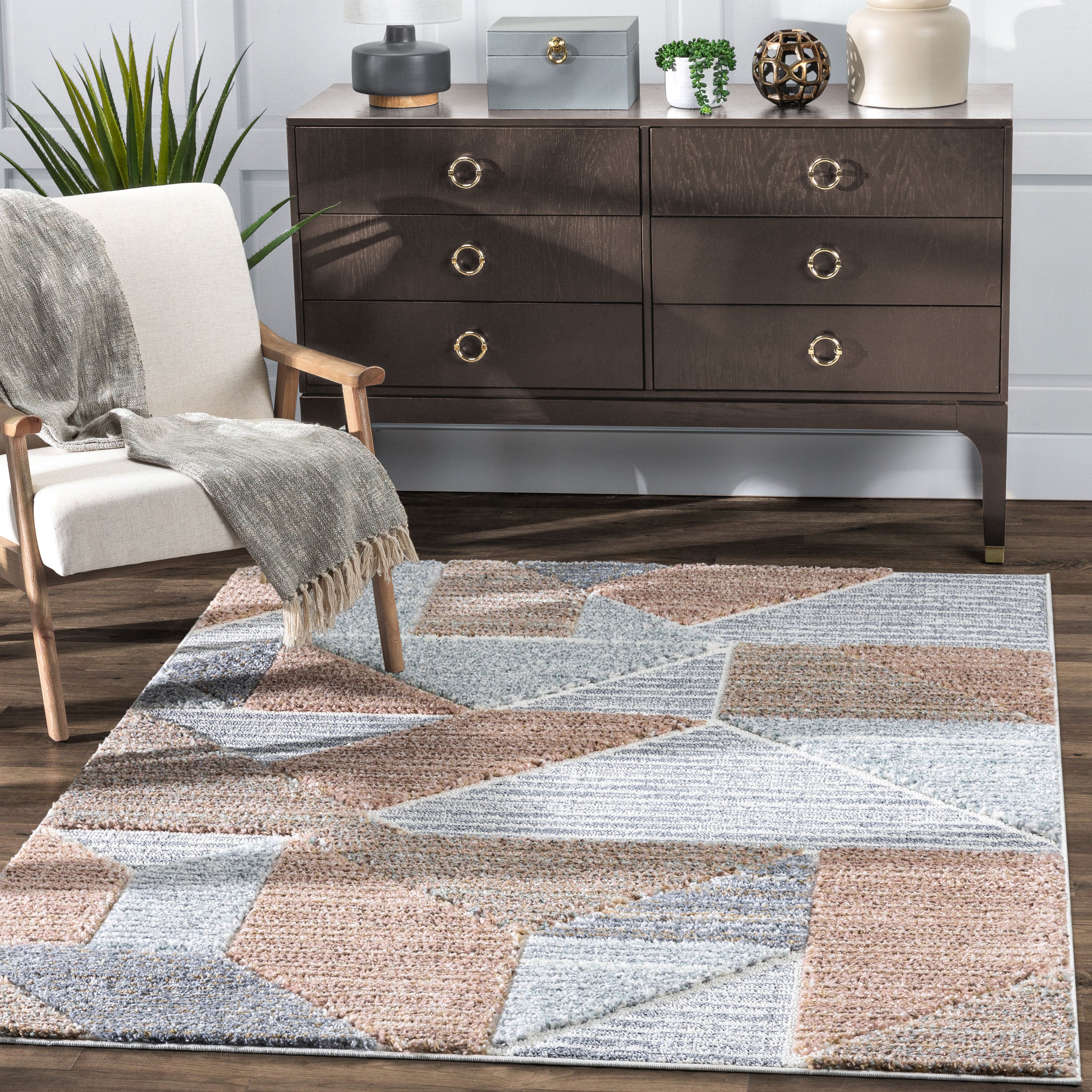 Perseus Modern Geometric Blush High-Low Shag Rug