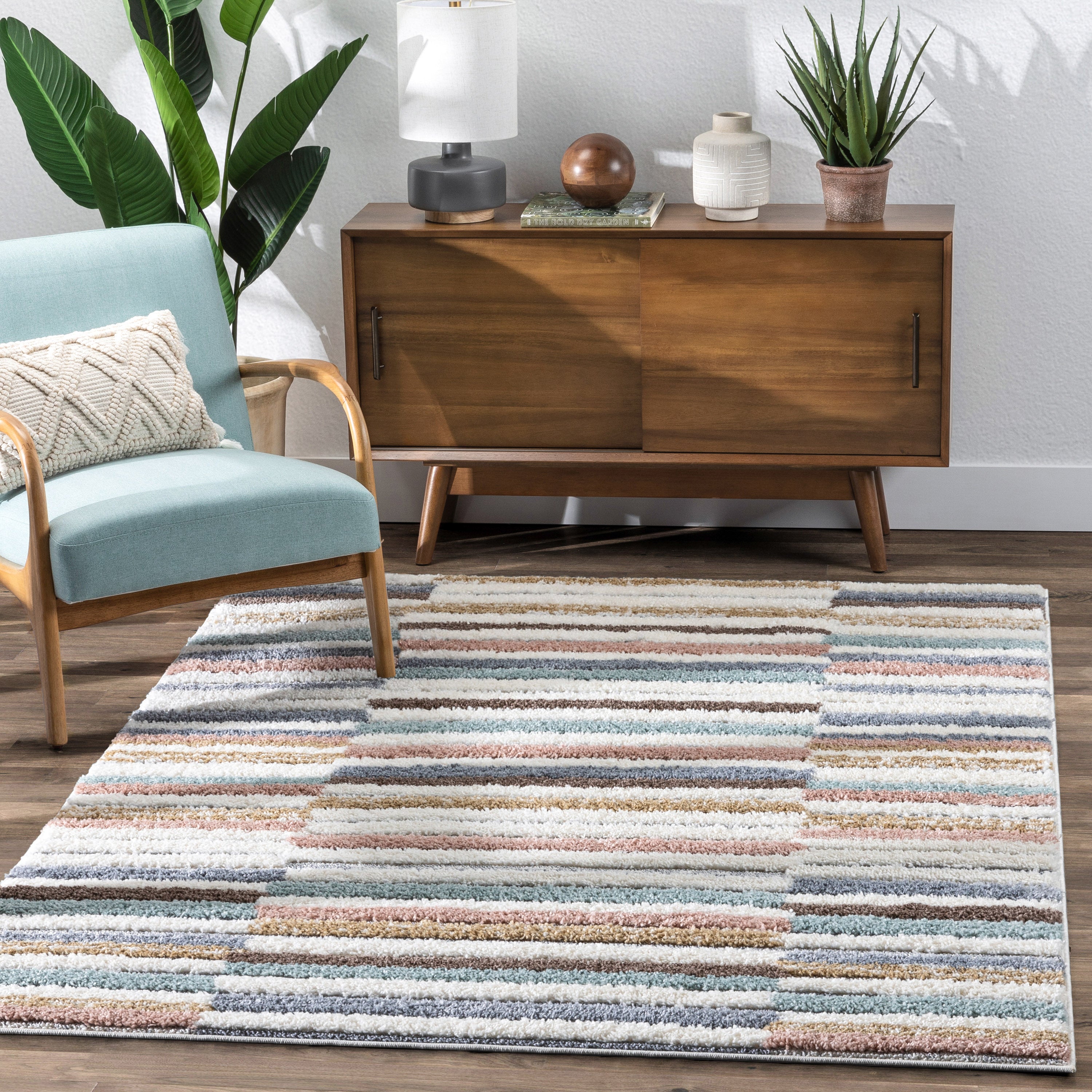 Proteus Modern Stripes Light Blue High-Low Shag Rug