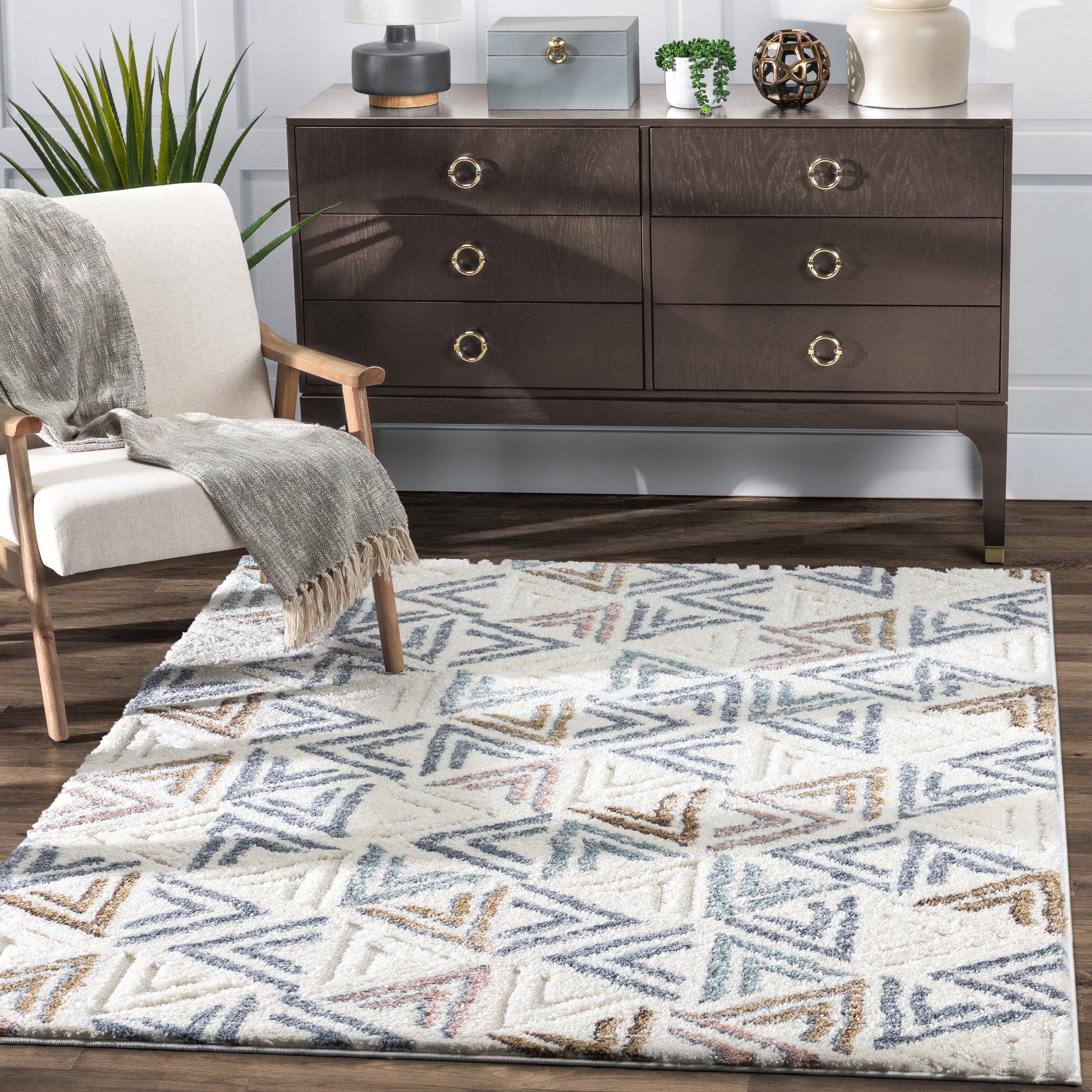 Thanatos Modern Geometric Ivory High-Low Shag Rug