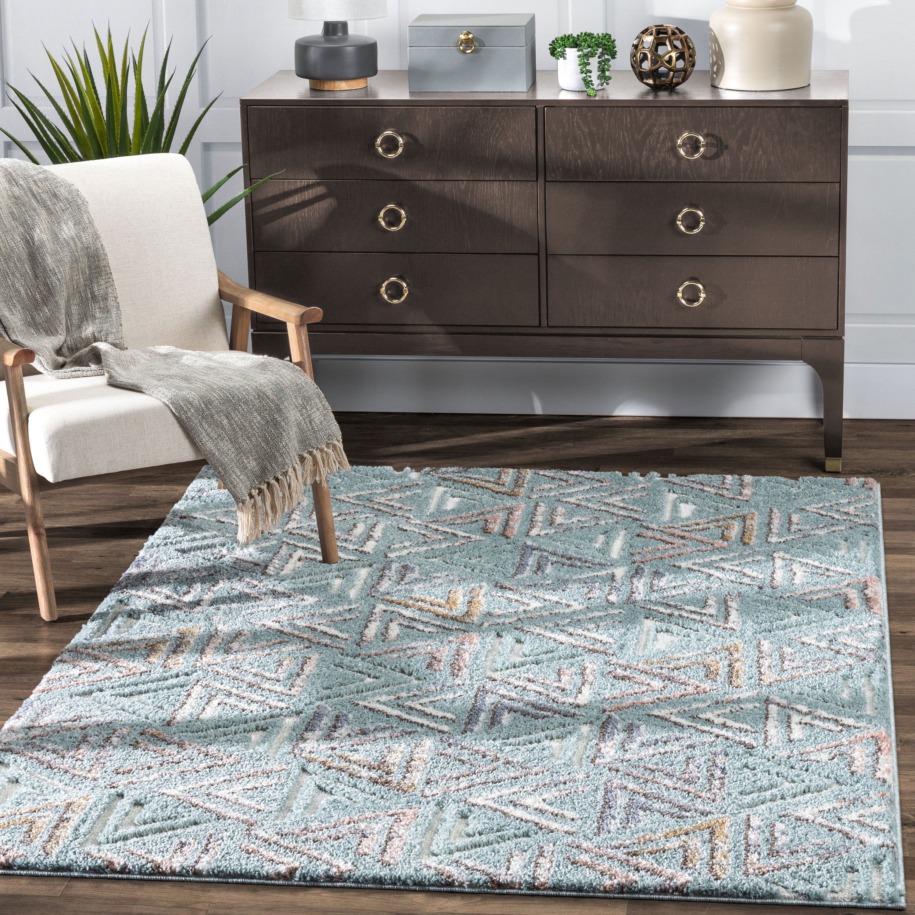 Thanatos Modern Geometric Light Blue High-Low Shag Rug