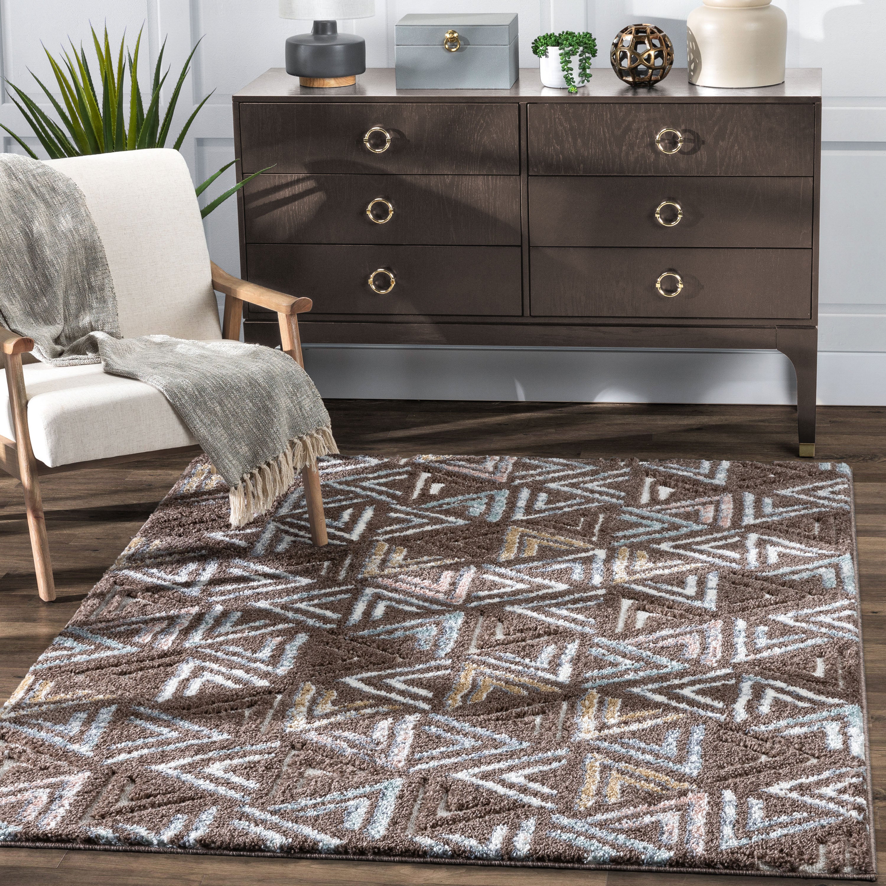 Thanatos Modern Geometric Brown High-Low Shag Rug