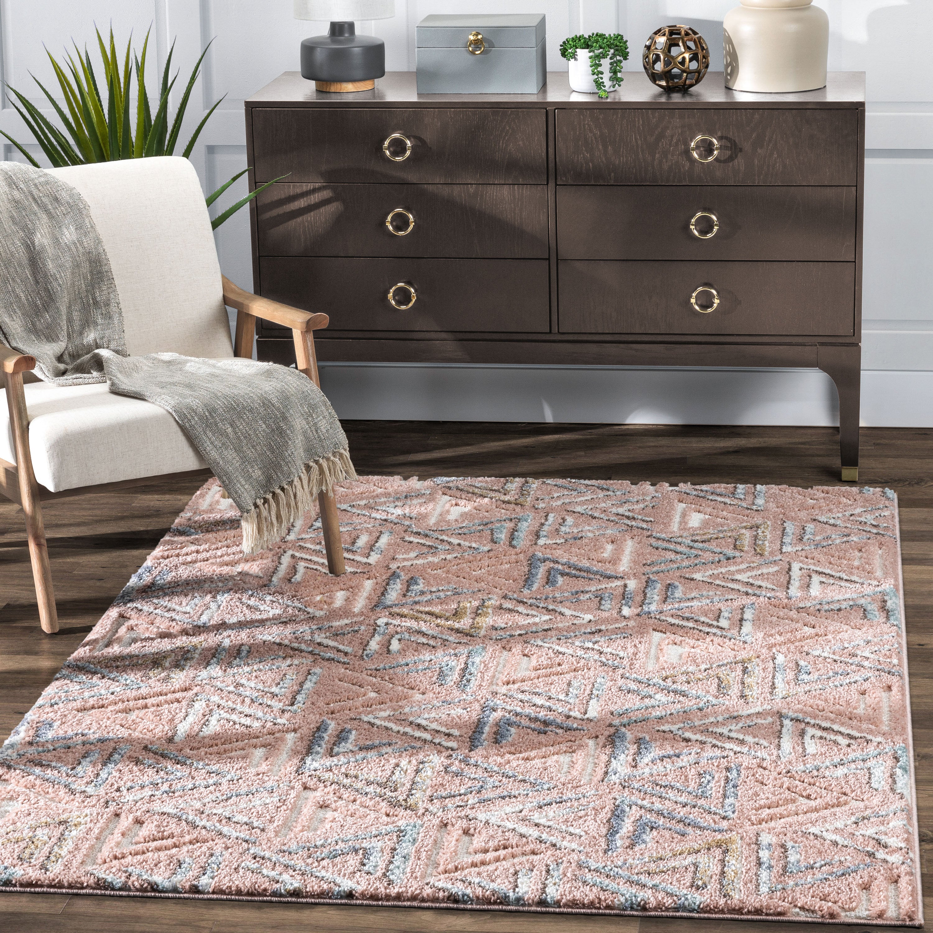 Thanatos Modern Geometric Blush High-Low Shag Rug