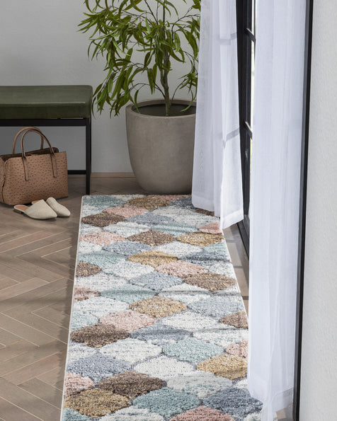 Calliope Moroccan Trellis Ivory Blue High-Low Shag Rug