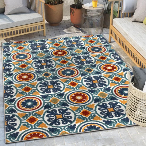 Audun Modern Geometric Indoor/Outdoor Blue High-Low Rug