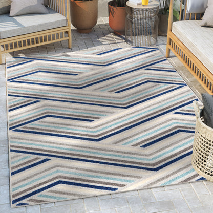 Neema Modern Chevron Striped Indoor/Outdoor Grey Blue High-Low Rug