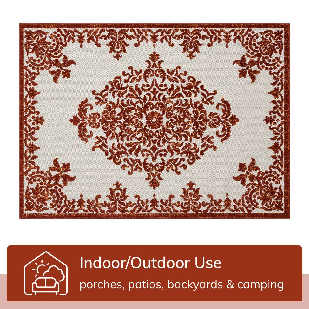 Arid Modern Medallion Persian Indoor/Outdoor Terracotta High-Low Rug