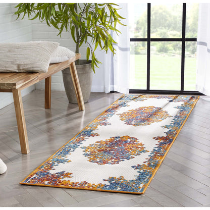 Arid Modern Medallion Persian Indoor/Outdoor Ivory High-Low Rug