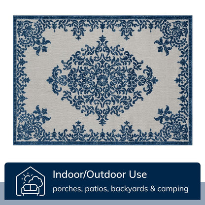 Arid Modern Medallion Persian Indoor/Outdoor Blue High-Low Rug