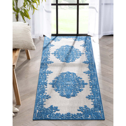 Arid Modern Medallion Persian Indoor/Outdoor Blue High-Low Rug