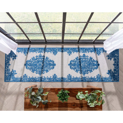 Arid Modern Medallion Persian Indoor/Outdoor Blue High-Low Rug Well Woven