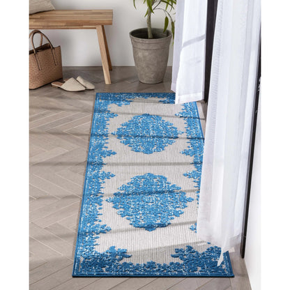 Arid Modern Medallion Persian Indoor/Outdoor Blue High-Low Rug Well Woven