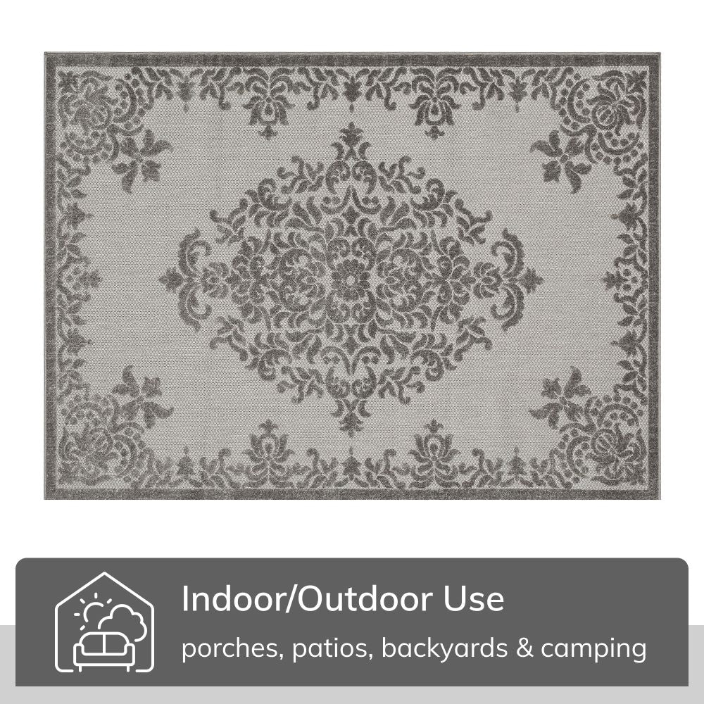 Arid Modern Medallion Persian Indoor/Outdoor Grey High-Low Rug