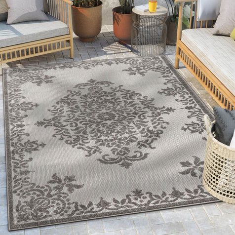 Arid Modern Medallion Persian Indoor/Outdoor Grey High-Low Rug