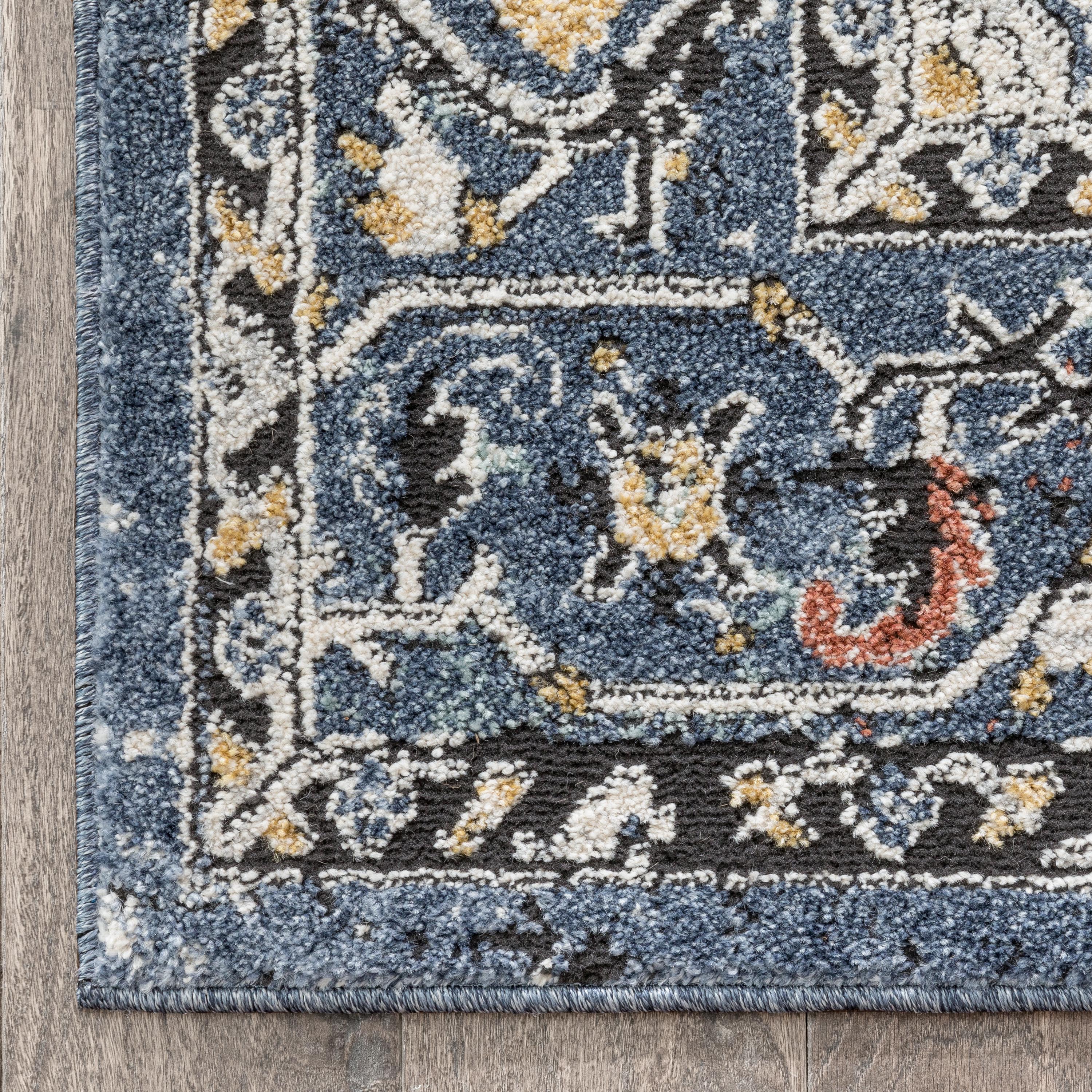 Andria Vintage Medallion Botanical Border Blue Rug