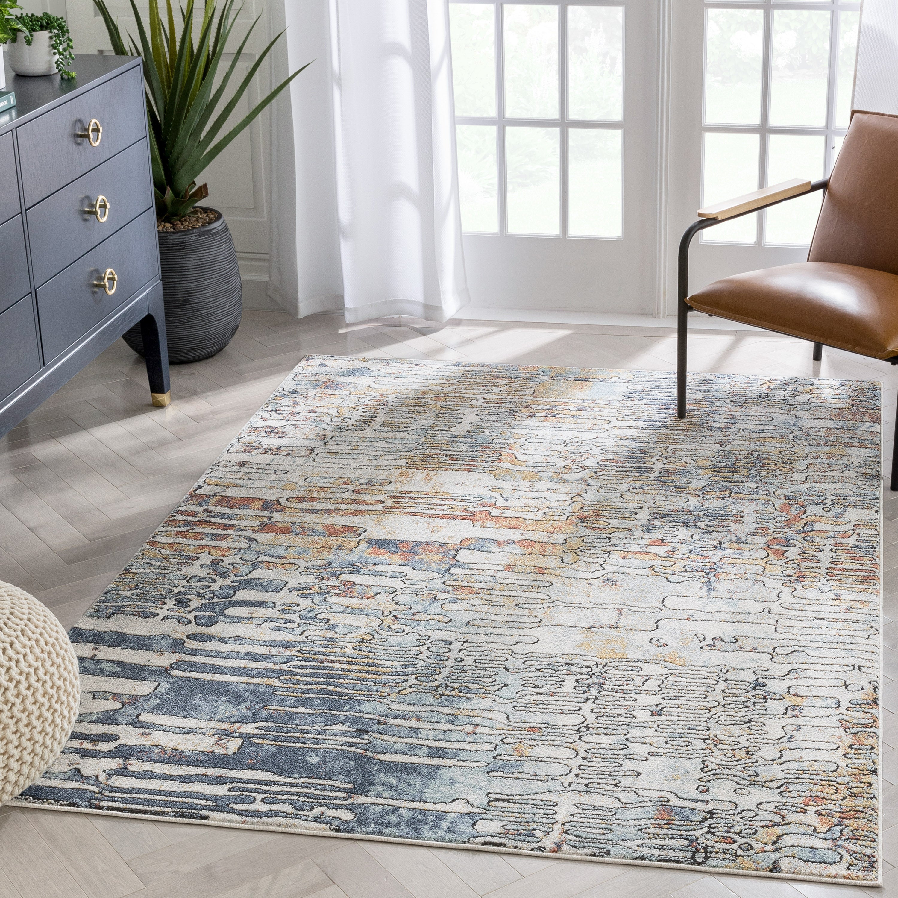 Modica Geometric Abstract Pattern Ivory Blue Rug